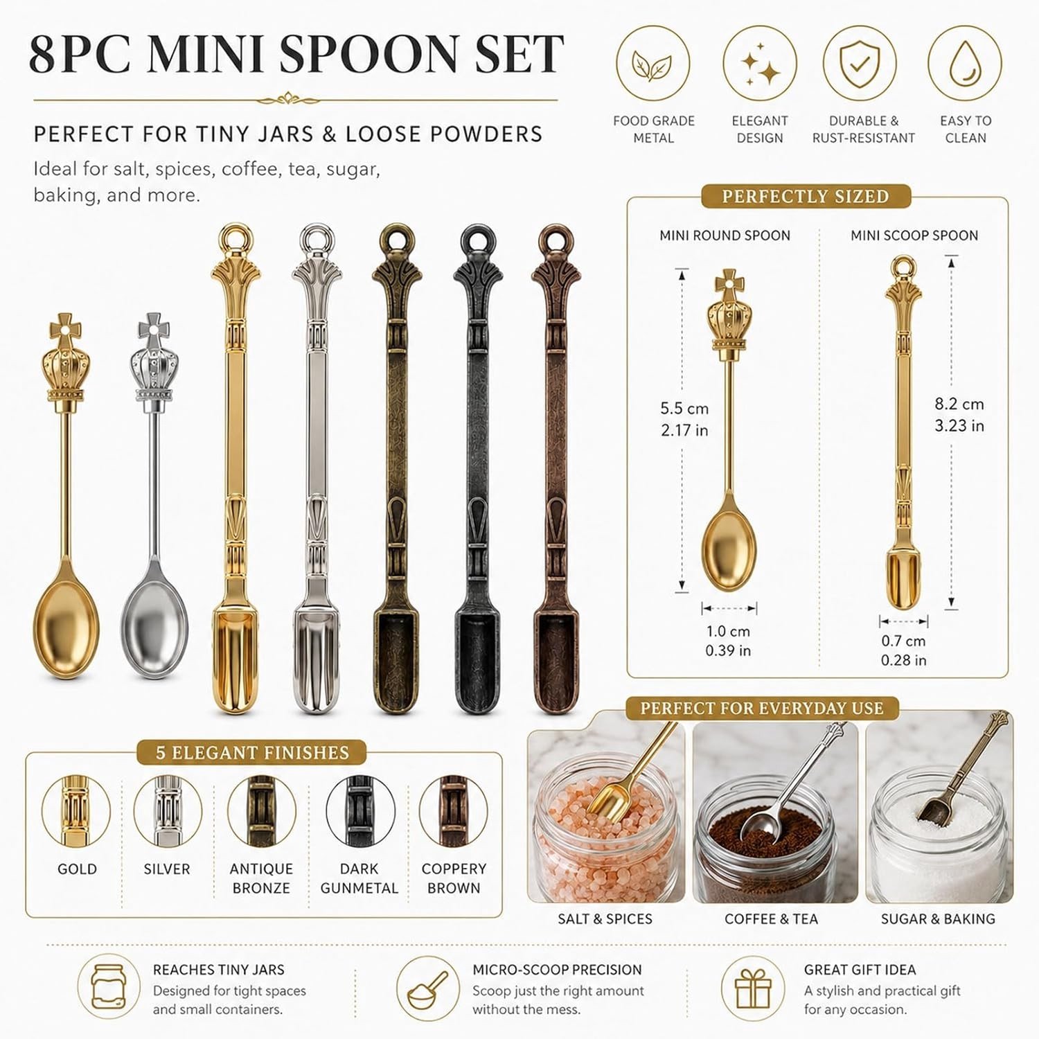 Mini-lepels en Metalen Schepjes Set - Zilver - 8 Stuks - Zinklegering - Voor Keuken en Creatieve Projecten