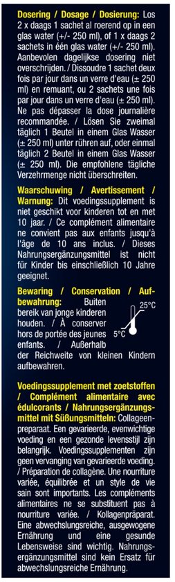 Voedingssupplement met collageen. Instructies voor dosering, gebruik en waarschuwingen.