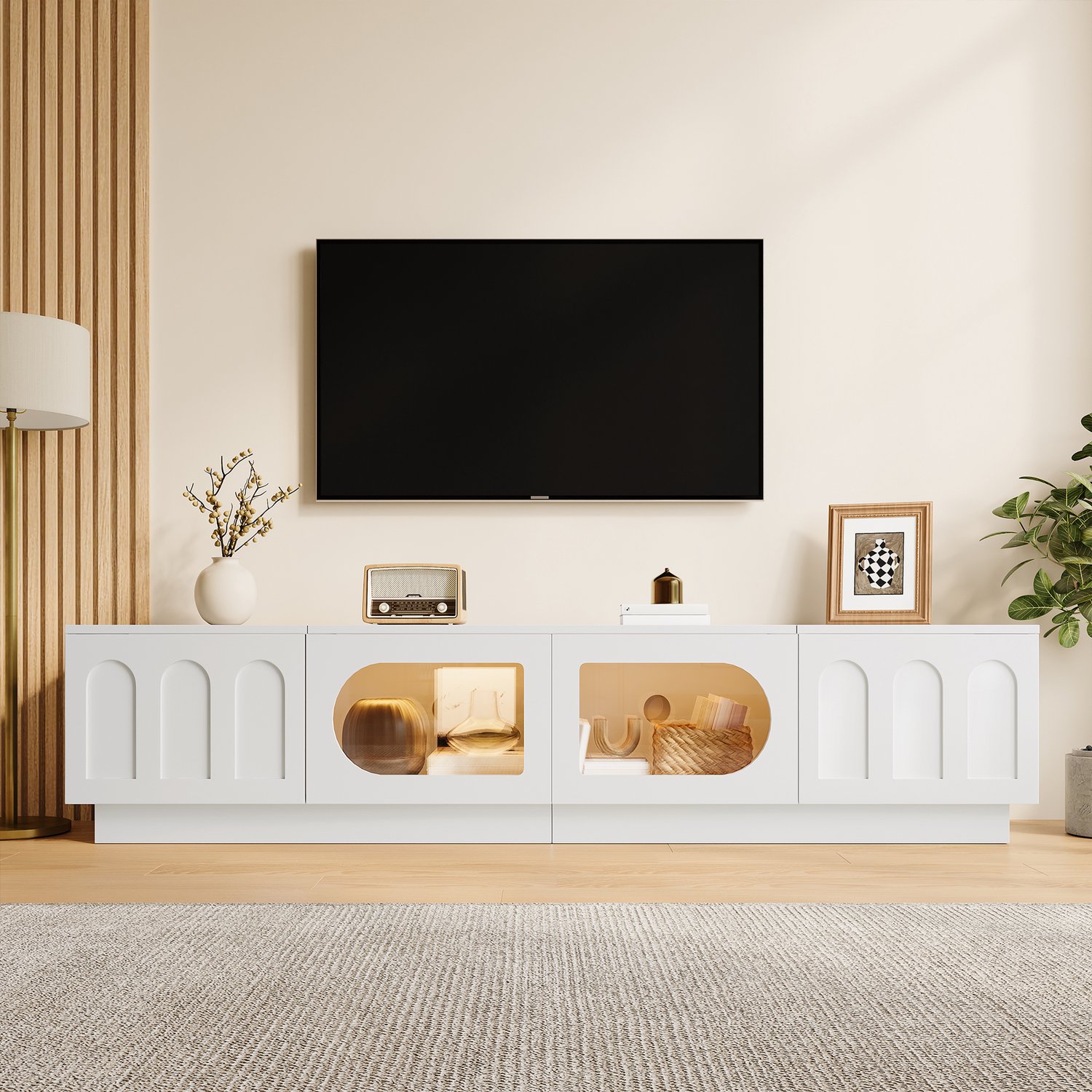 DESMIU TV Meubel - Lowboard Met LED Verlichting En Appbediening - Glazen Deuren En Kabeldoorvoer - MDF En Spaanplaat - 200x40x42 Cm - Wit