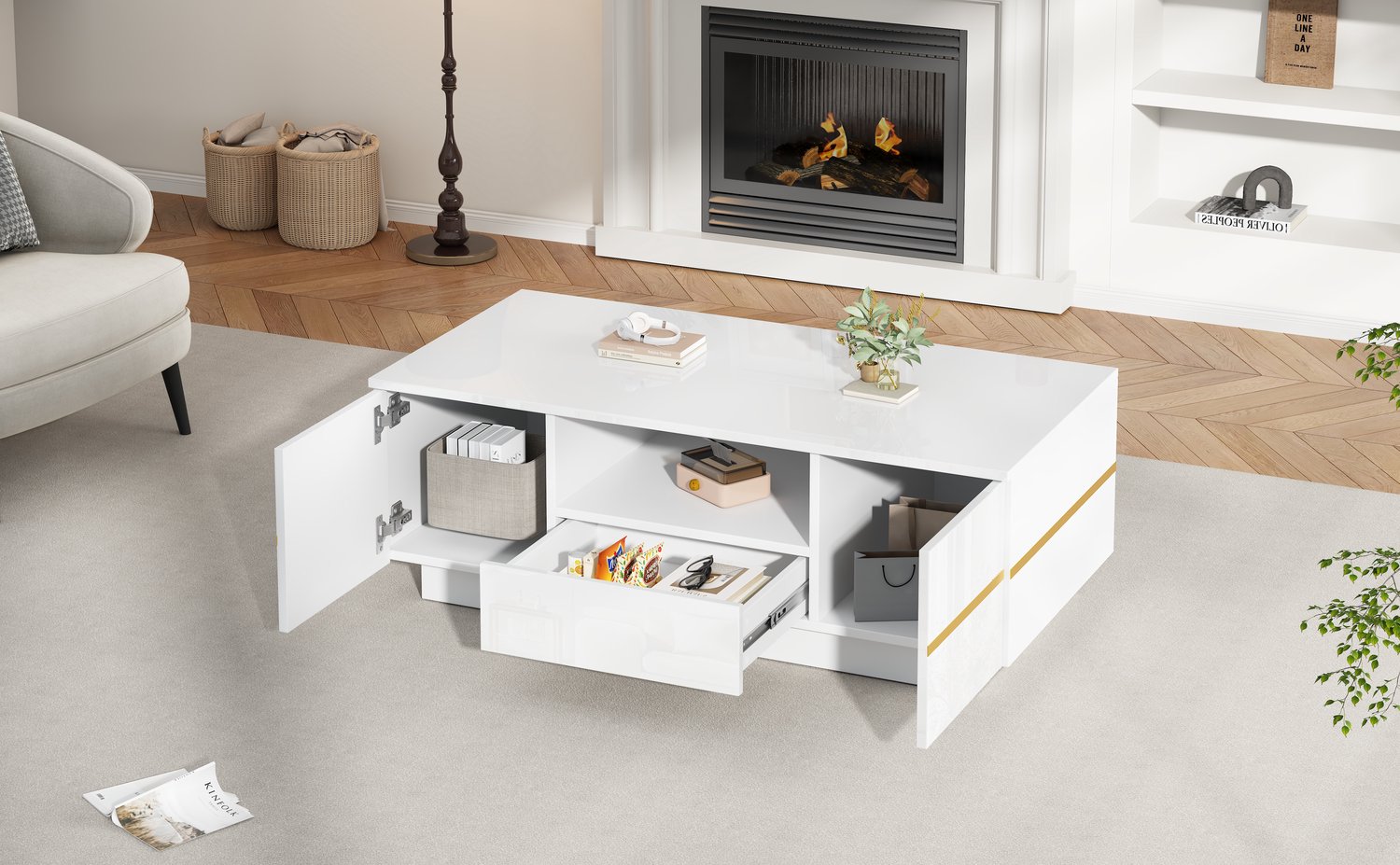 DESMIU Salontafel - Hoogglans Met Lade En Twee Deuren - Voor Woonkamer En Werkkamer - MDF - 100x50x35,5 Cm - Wit Met Gouden Accenten