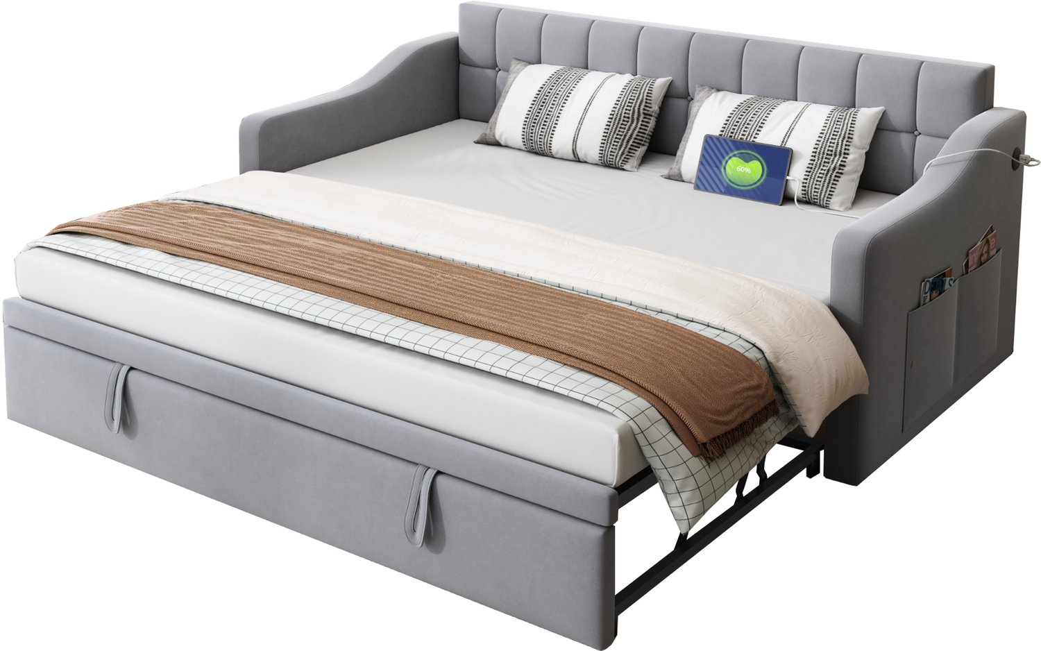Lichtgrijze fluwelen slaapbank - Gestoffeerd bed met usb-aansluiting - Uitschuifbaar - Opbergvakken - 300kg - Logeerkamer - 180x190 cm - Lichtgrijs