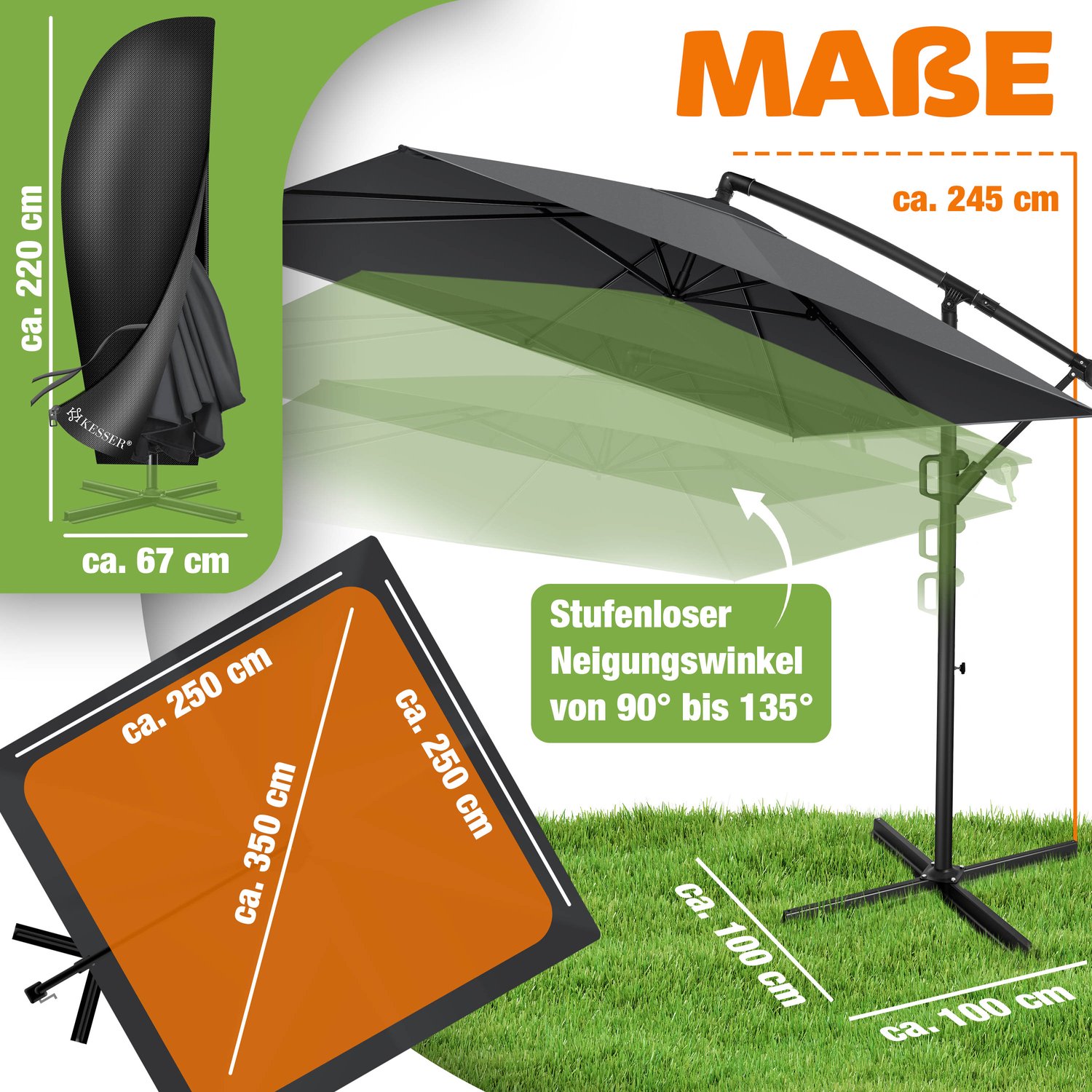 KESSER Zweefparasol Holly Rechthoekig - Parasol met Zwengel, Hoes en Windbescherming, UV-bescherming, Aluminium, Waterafstotend - Antraciet – foto 8