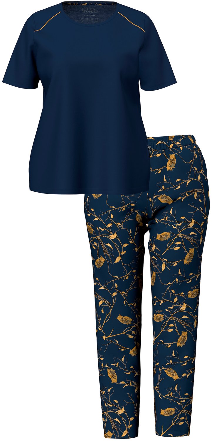 Ulla Popken Dames - Pyjama broek met patroon ronde hals korte mouwen - Nachtblauw - Maat 42+