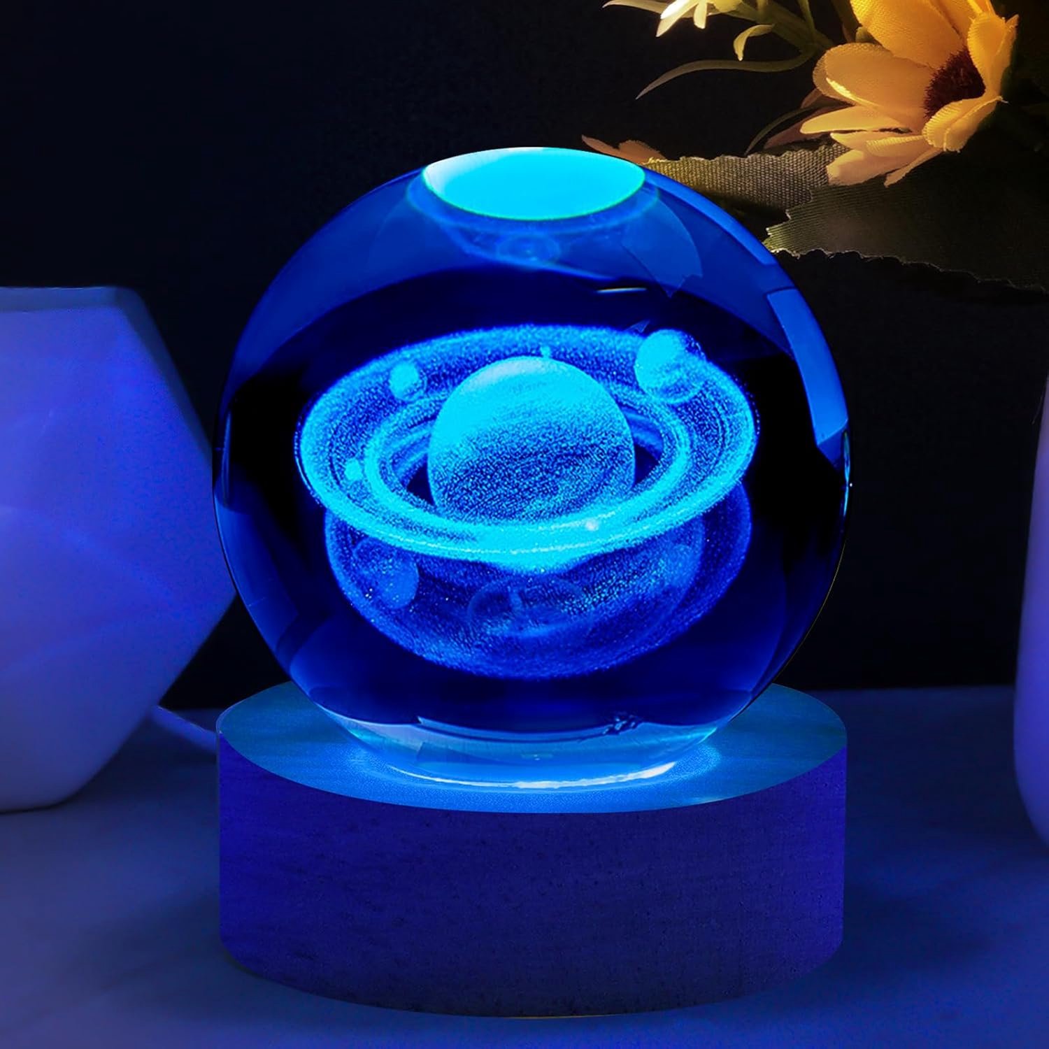 3D Saturnus Planeet Kristallen Bal Nachtlampje met Houten Voet, Space Galaxy LED Tafellamp, Tafeldecoratie, Cadeau voor Verjaardag en Jubileum, voor Woonkamerdecoratie（kleur）