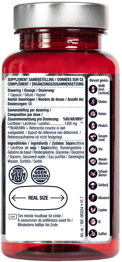 Gedetailleerde ingrediëntenlijst op de achterkant van de rode capsulefles met zilveren dop. Bevat melk, gluten, pinda's, sesamzaad, vis, weekdieren, selderij, mosterd, lupine, ei en sulfiet.
