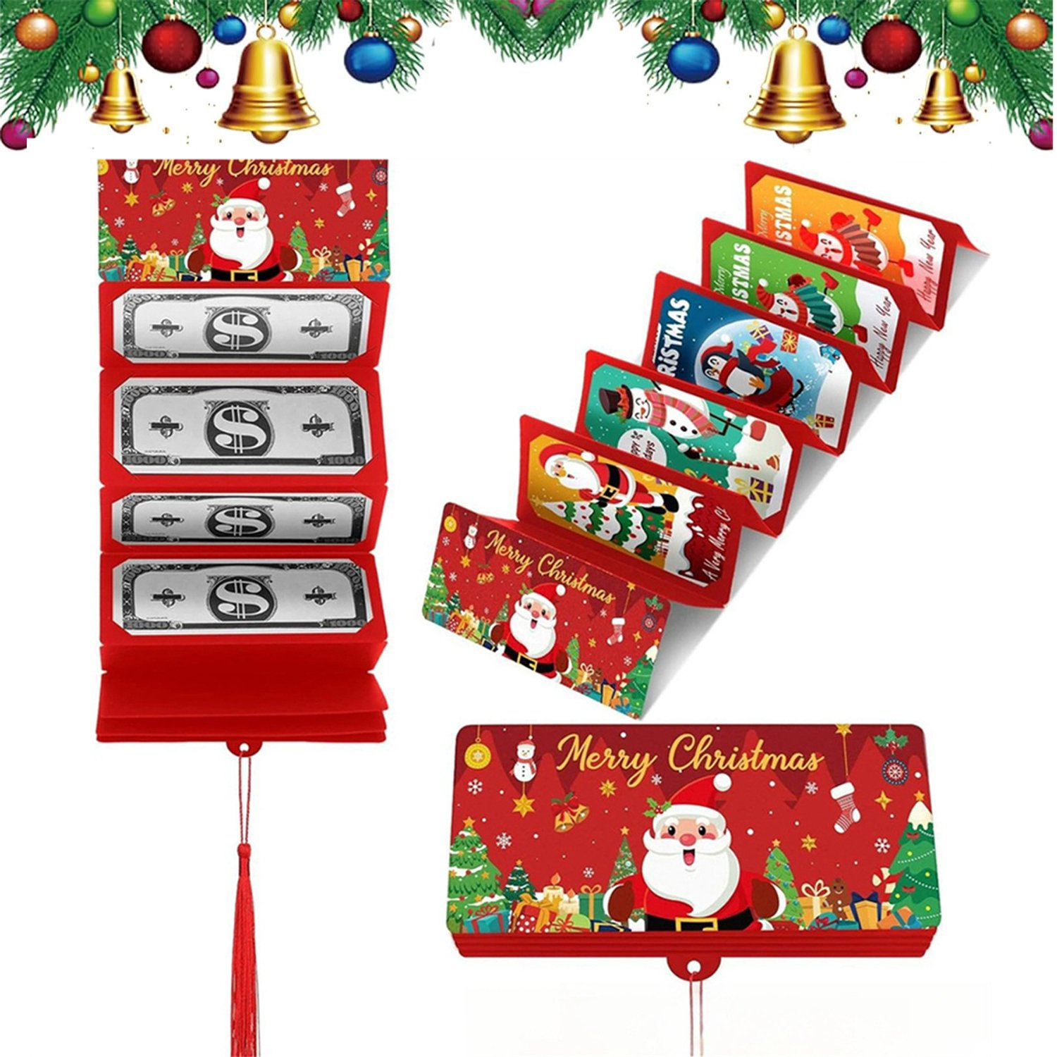 Kerstgeld cadeau envelop, kerst verrassingsgeldhouder met 10 compartimenten, Kerstman geldclip, doe-het-zelf kerstcadeaus met contant geld voor familie en vrienden, 1 stuk - Rood