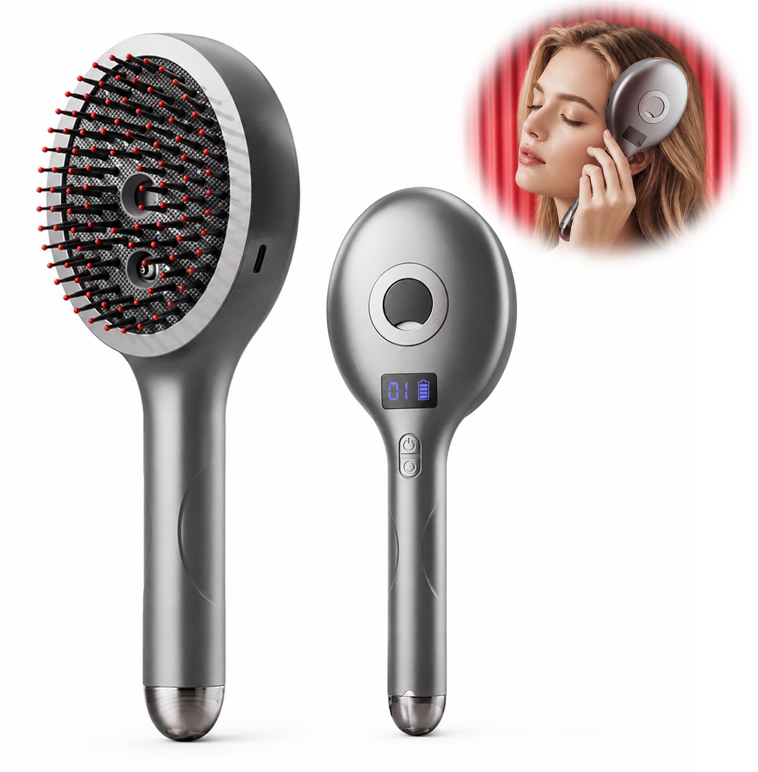 Elektrische Hoofdhuid Massageborstel – Vibrerende Haarborstel – 4 Standen – LCD-Batterijdisplay – USB-C Oplaadbaar – Voor Hoofdhuidmassage, Haarverzorging en Ontwarren – Grijs