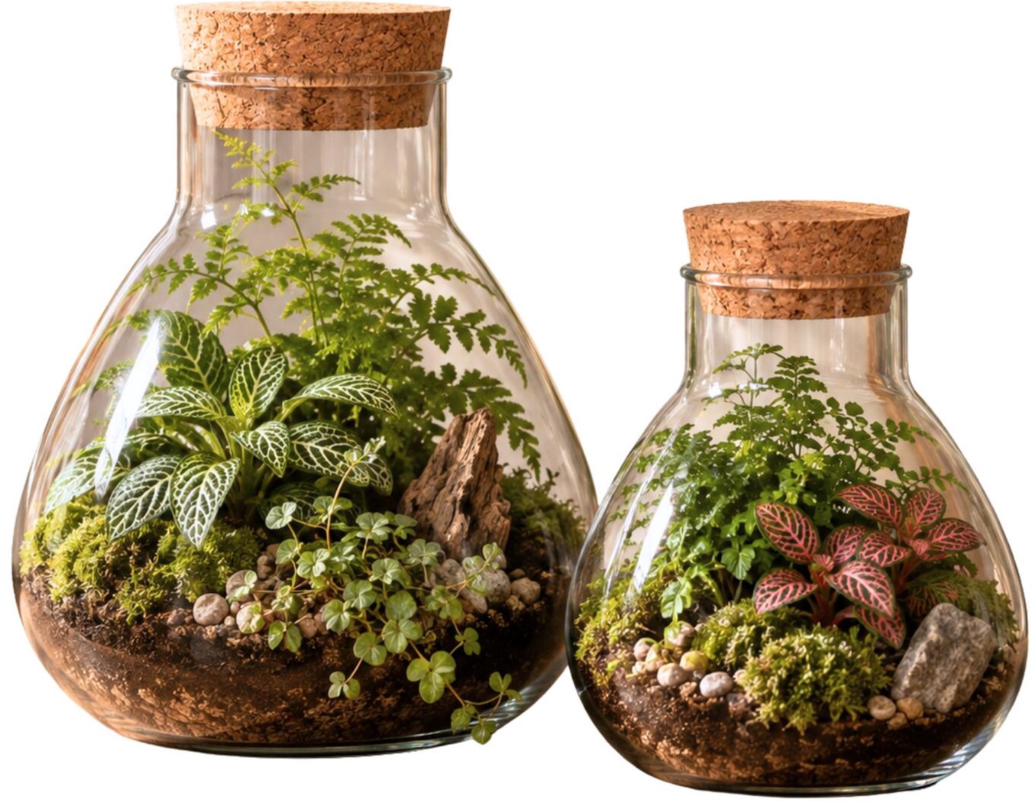Mica Decorations Vaas Terrarium - set 2x - rond - met kurk - glas - 18 / 24 cm - transparant