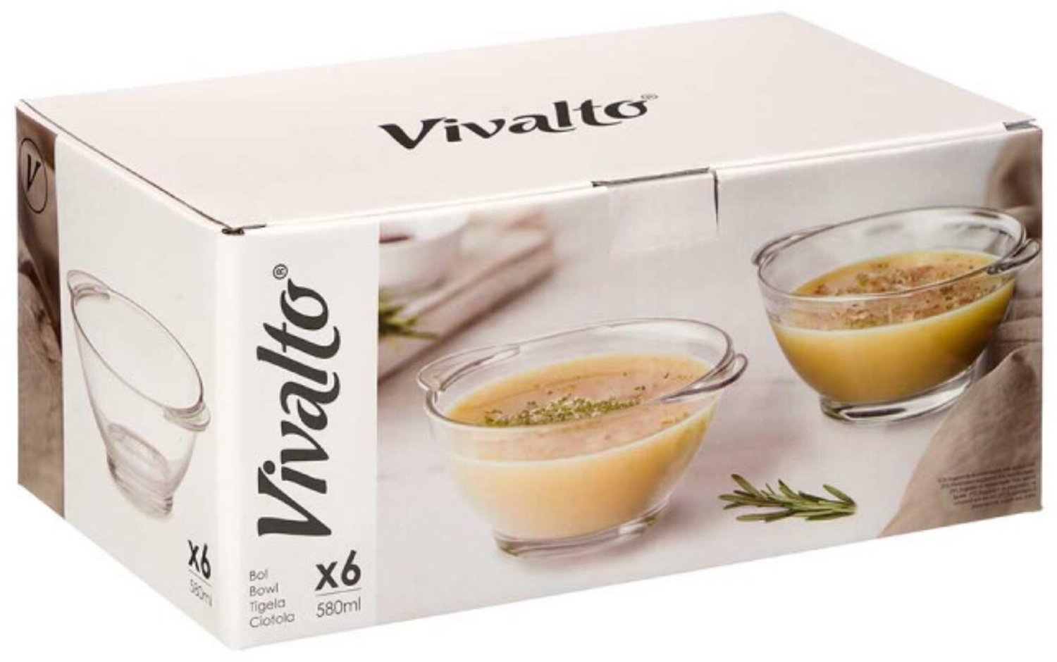 Vivalto Soepkommen - 6x stuks - 18 x 7.5 cm - glas - 580 ml - kommetjes / schaaltjes - stapelbaar