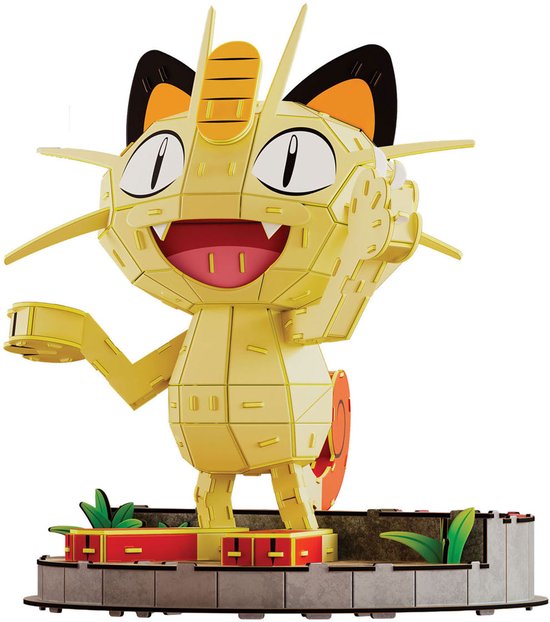 3D-model van de Pokémon Meowth op een voetstuk, met z'n staart in een krul.