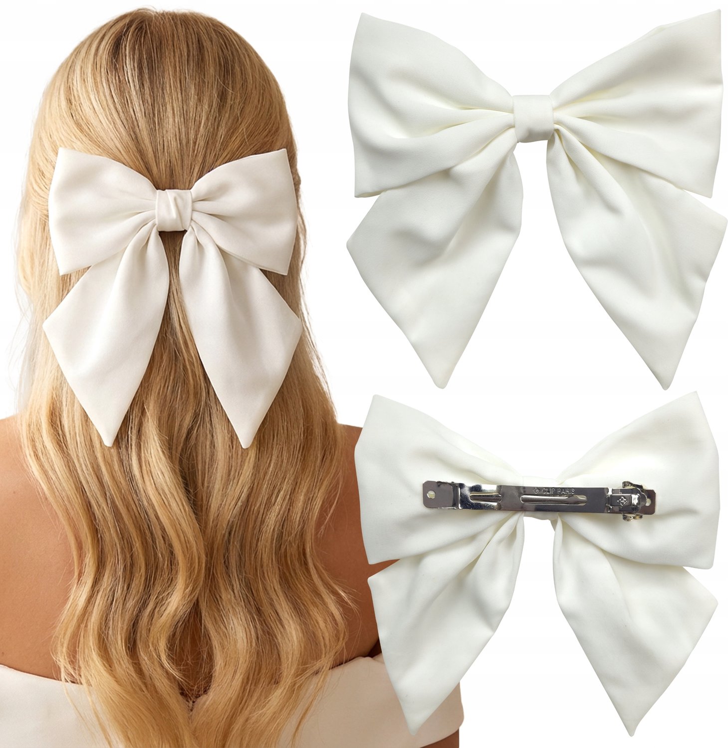 Grote Witte Satine Kokardeklem voor Haar - Elegante Haarclip