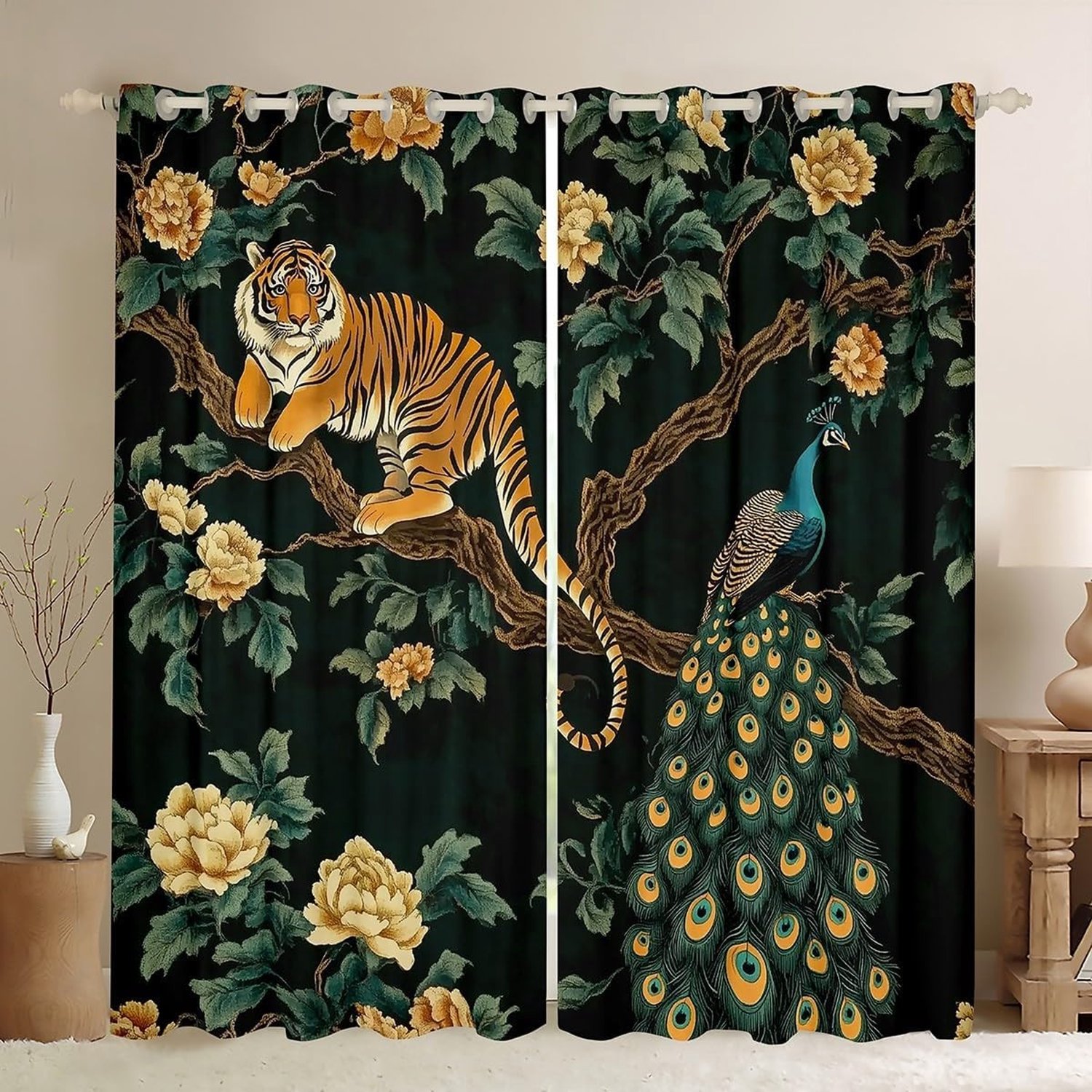 Tijger en pauw gordijnen voor woonkamer, bohemian stijl, verduisterend, 2 panelen, B 66 x 90, ideaal voor kinderen, wilde dieren en bloemen design