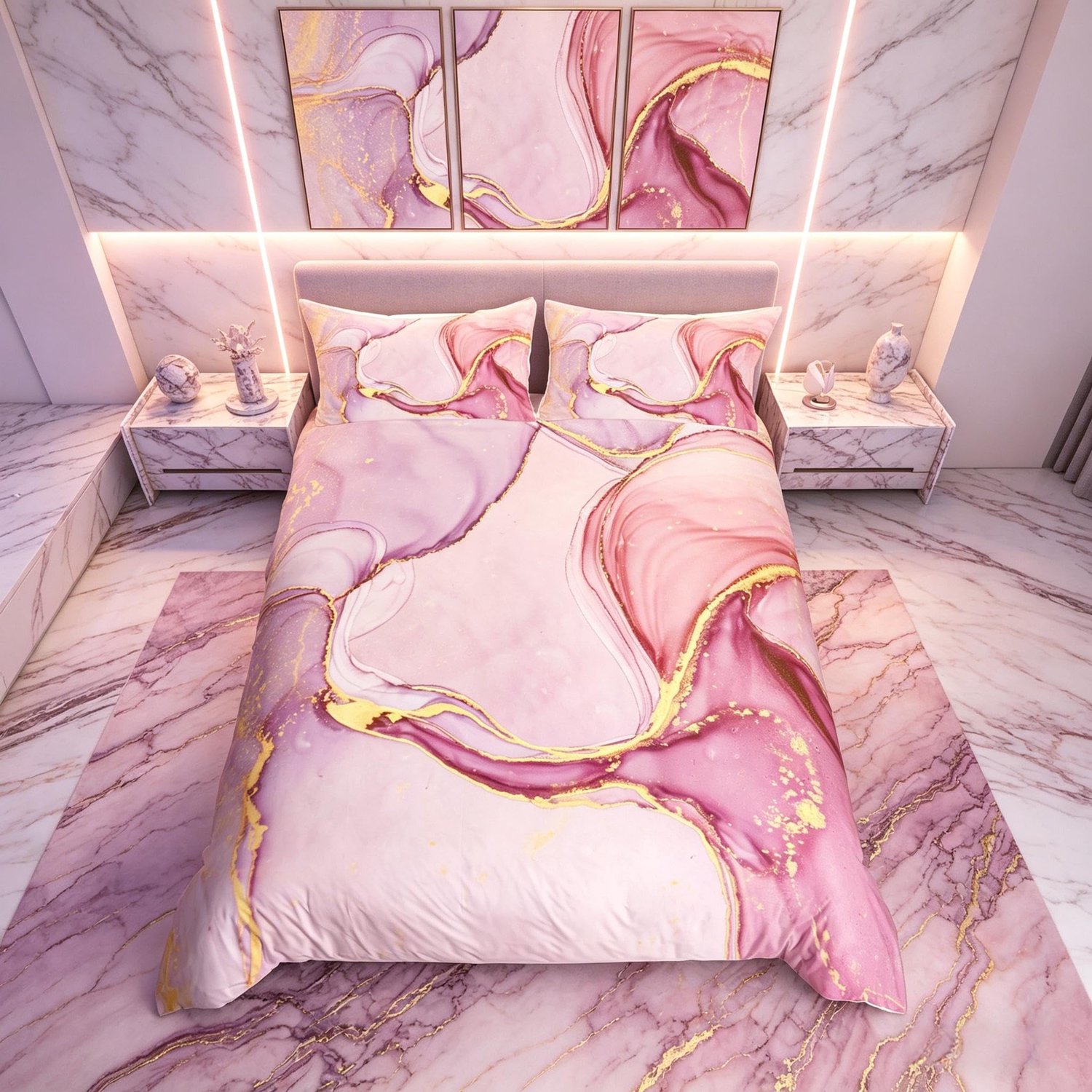Famanu Beddengoedset Eenpersoons - Creëert een stijlvolle slaapkamer - Modern abstract marmerdesign - Roze paars met goud glitter rood