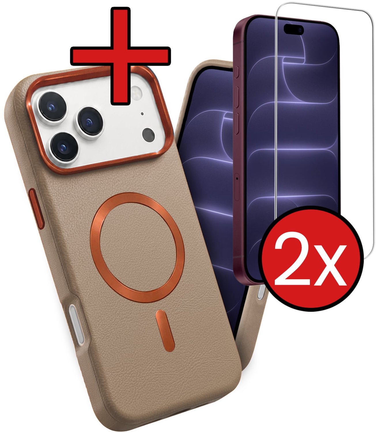 Hoesje - Met 2x Screenprotector - Geschikt voor Apple iPhone 18 Pro - Magsafe Compatible - Leer Look - Sterk & Shockproof - Shock Proof Case - Back Cover - Telefoon Hoes - Telefoonhoes - Crème