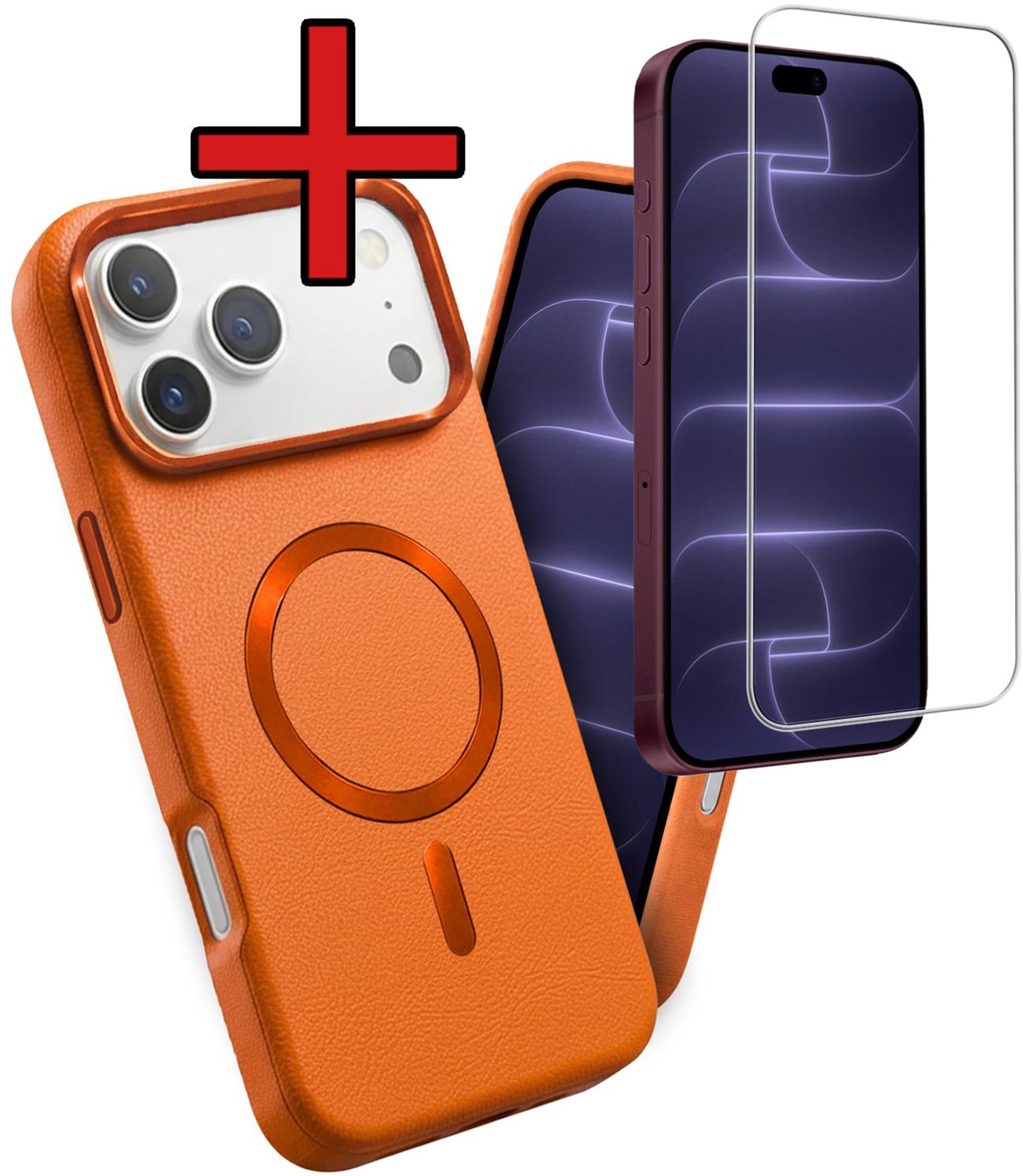 Hoesje - Met Screenprotector - Geschikt voor Apple iPhone 18 Pro Max - Magsafe Compatible - Leer Look - Sterk & Shockproof - Shock Proof Case - Back Cover - Telefoon Hoes - Telefoonhoes - Oranje