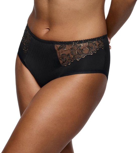 Zwarte PrimaDonna taille-slip met koperkleurig kant bij de heupen, zij-aanzicht op model.