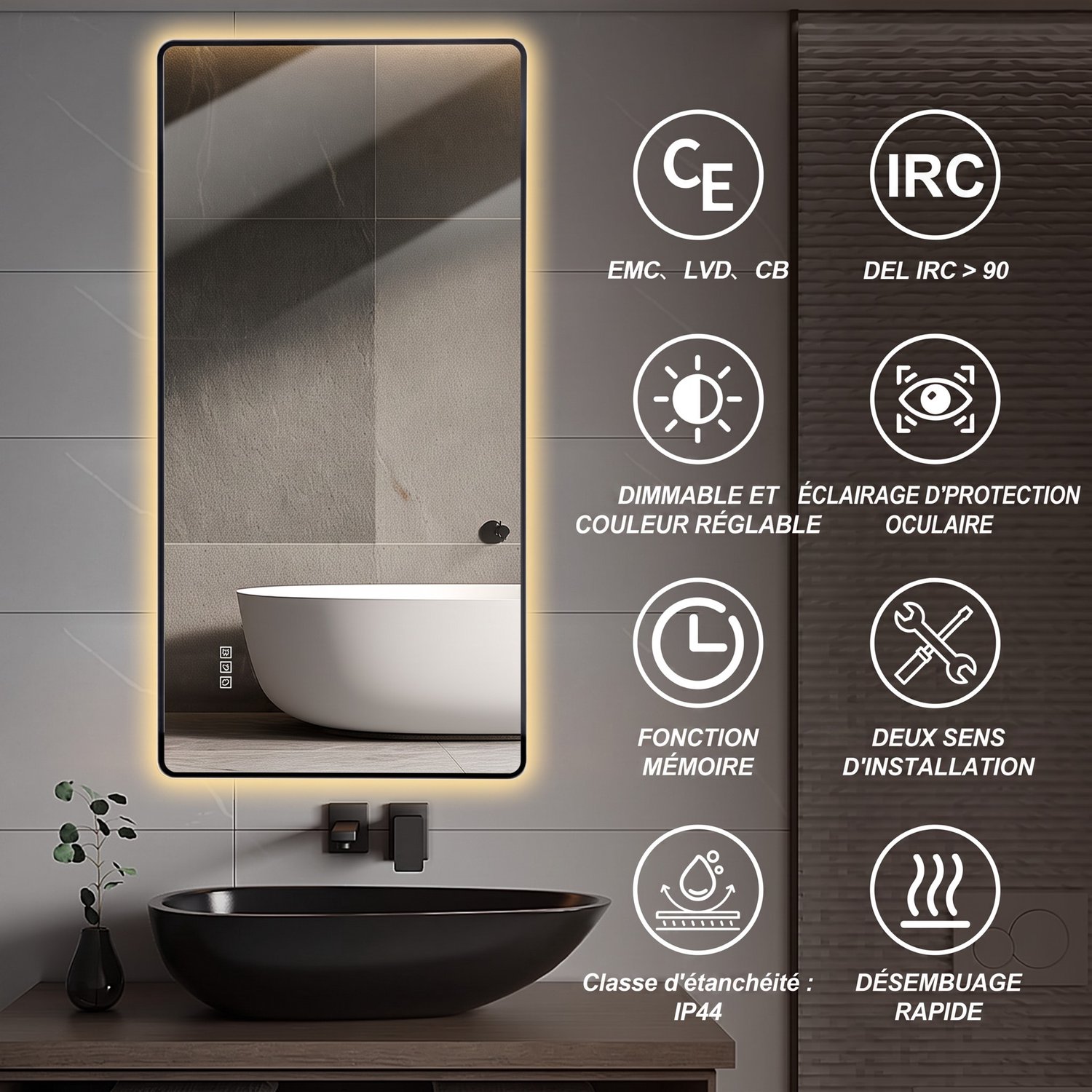 REDOM LED badkamerspiegel - LED-backlight met 3 lichtkleuren - Dimbaar met anti-condens en geheugenfunctie - Aluminium - Zilver - 60 x 120 cm