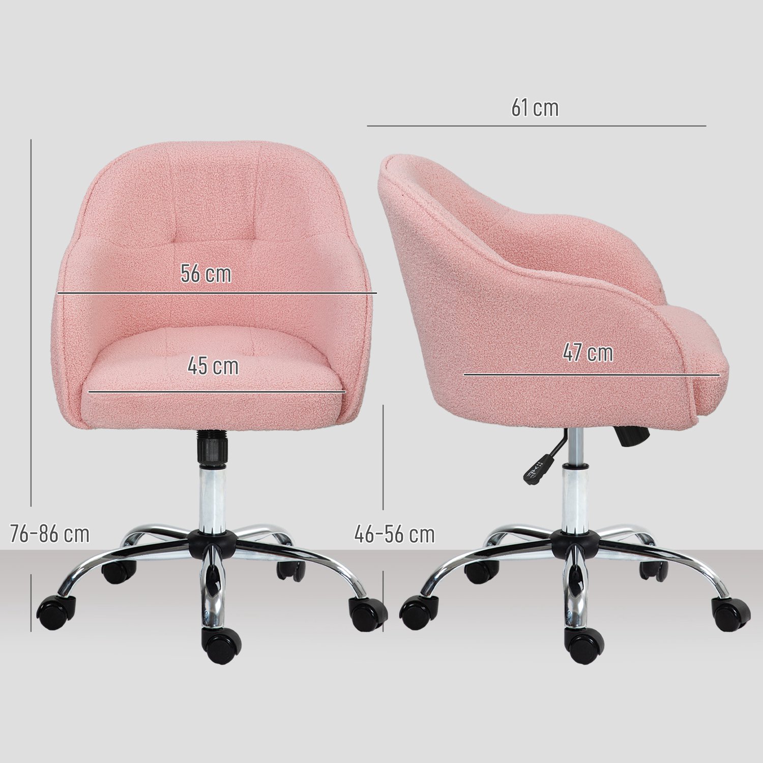 Homona Bureaustoel - Ergonomisch - Met wippfunctie en armleuningen - In hoogte verstelbaar - 56 x 61 x 76-86 cm - Roze