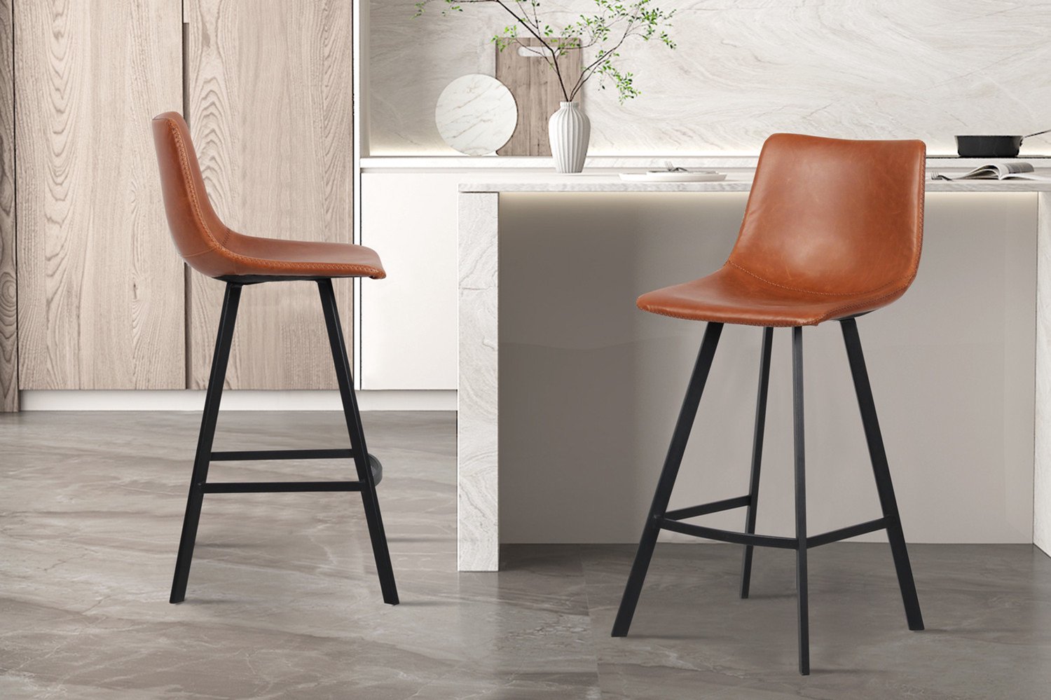 Rousseau Barstoel - Counterstoel Ozan - cognac - zithoogte 68cm - Set van 2