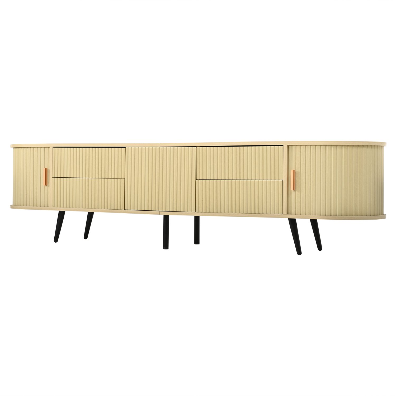 Ovaal Tv-meubel met vier laden en roldeur – tv-meubel voor televisie tot 80 inch, 180 x 40 x 45 cm, houtkleur voor woonkamer