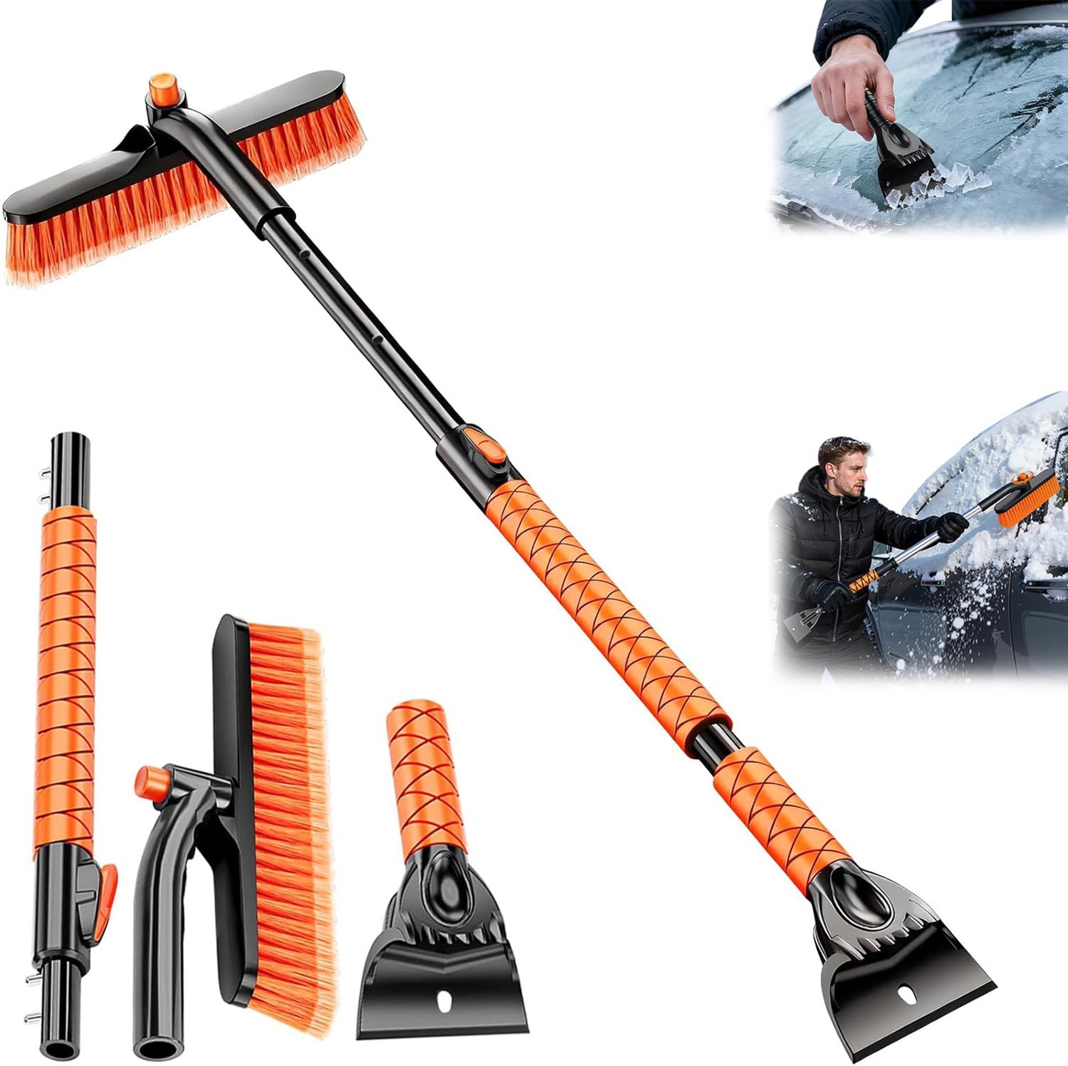 Famanu - Ijskrabber Auto met Bezem - Besneeuwde autoruiten eenvoudig schoonmaken - 3-in-1 functie met draaibare borstelkop - Zwart 1 stuk