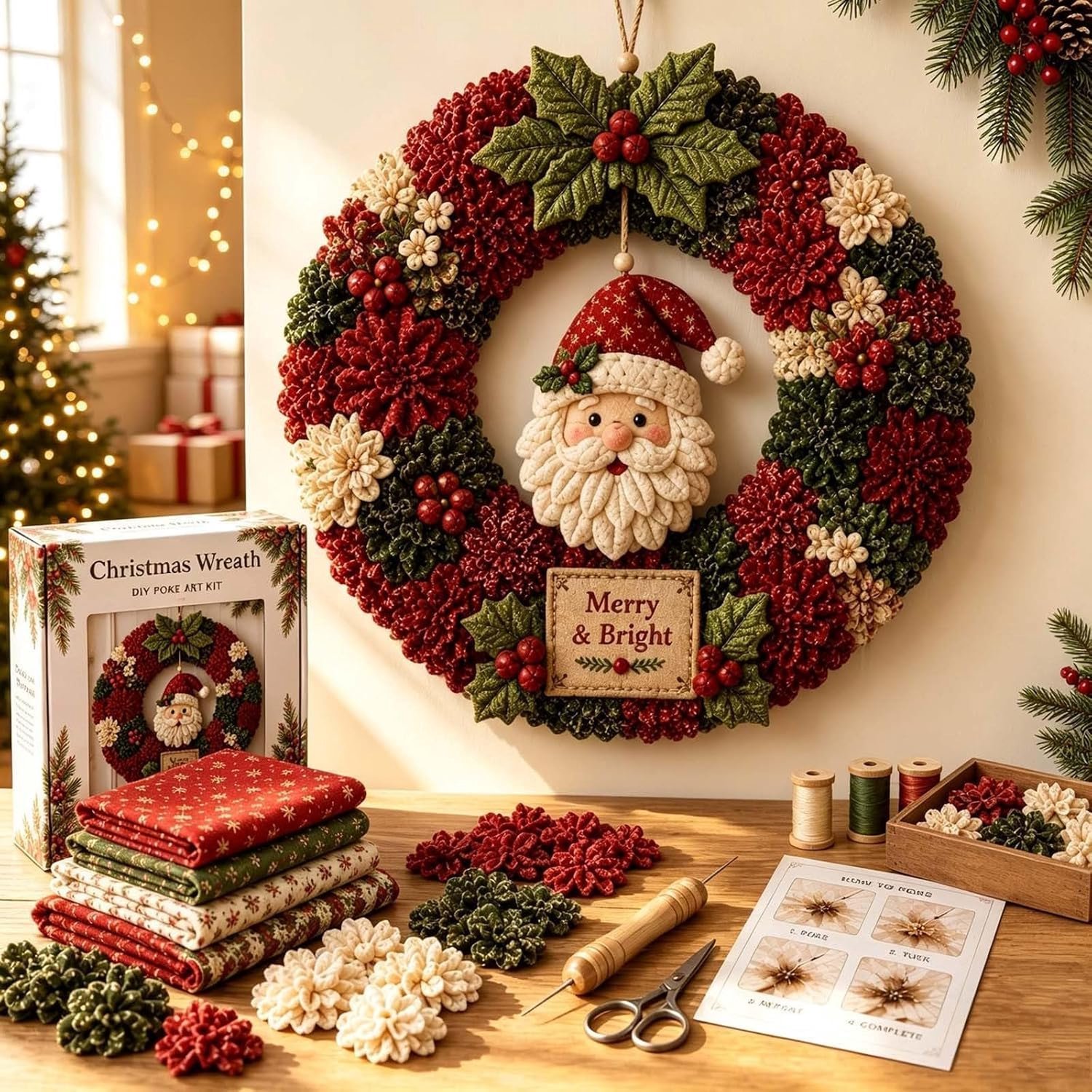 kerstkranspakket van stof - kerstkrans stof in prikken - kerst versieringen - kerstkrans voor buiten - kerstkrans maken - kerstkrans buiten - kerstkrans pakket - kerstkrans met patchwork - kerstkrans haakpakket - A
