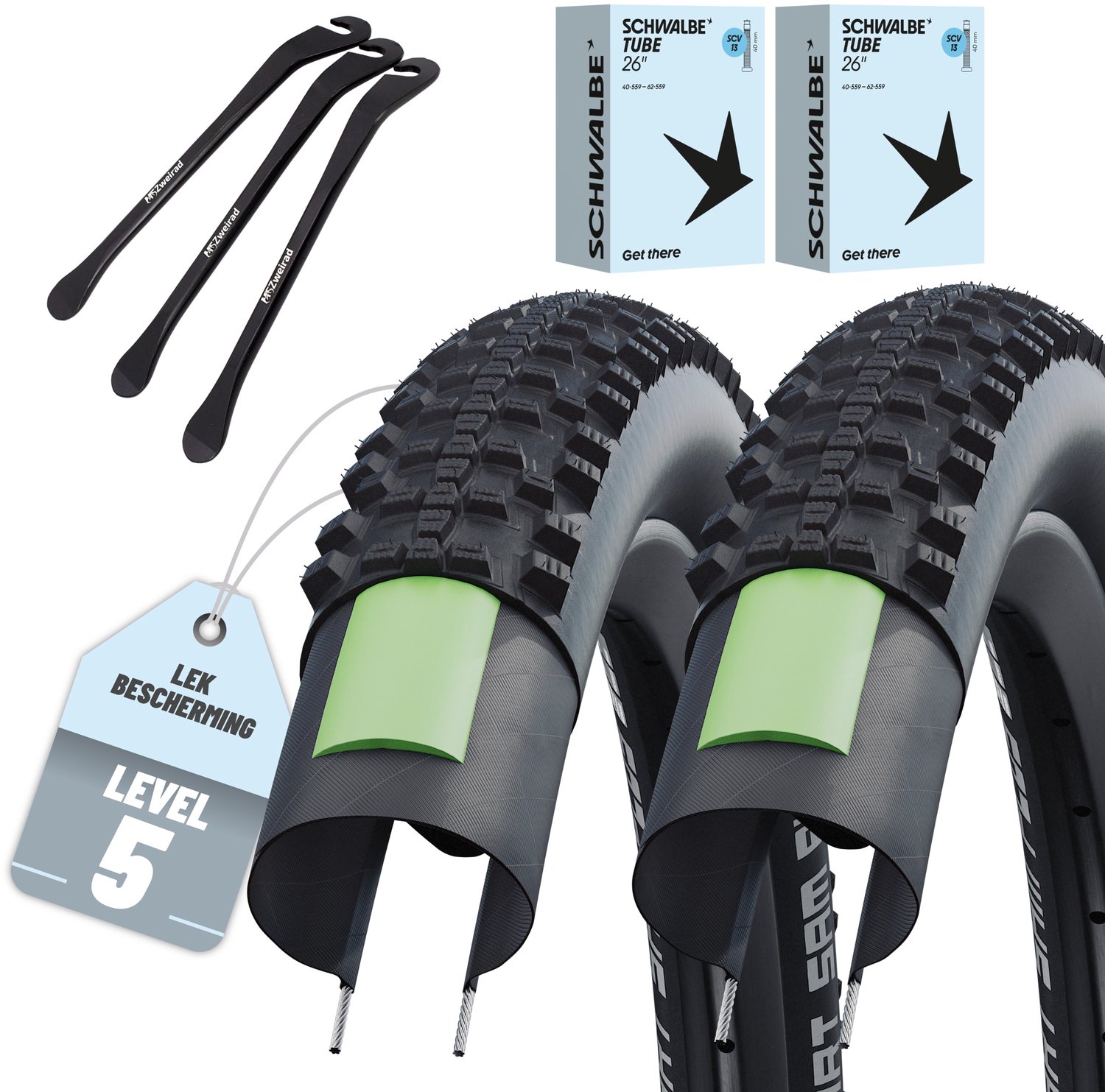 MSZweirad 2x Schwalbe Smart Sam Plus 26 x 2,25 (57-559) - GreenGuard - SCV/Clik Valve-binnenbanden - 3 bandenlichters