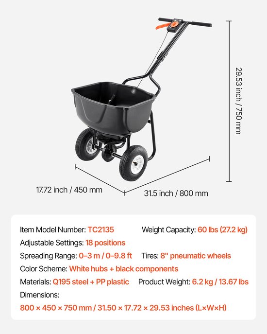 Loopstrooier- 27 kg capaciteit- duwstrooier met trechterrooster- strooibreedte van 0-3 meter- 20 cm all-terrain pneumatische banden- strooier voor tuin en gazon- voor zaad en kunstmest. — afbeelding 2
