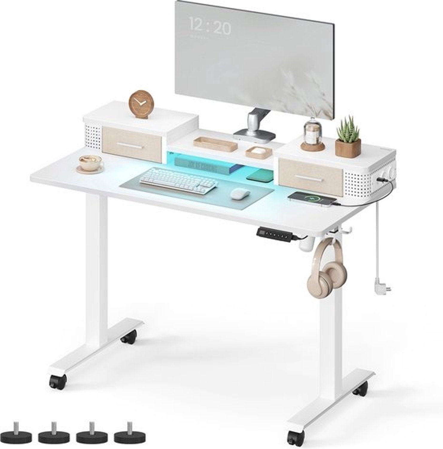 Elektrisch zit-sta bureau - Verlichting en geheugenfunctie - Wielen - Traploos verstelbaar - Haak - 60 x 140 x (72-120) cm
