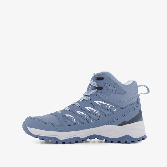 Binnenzijde van een blauwe Mountain Peak hoge wandelschoen voor dames, zijaanzicht.