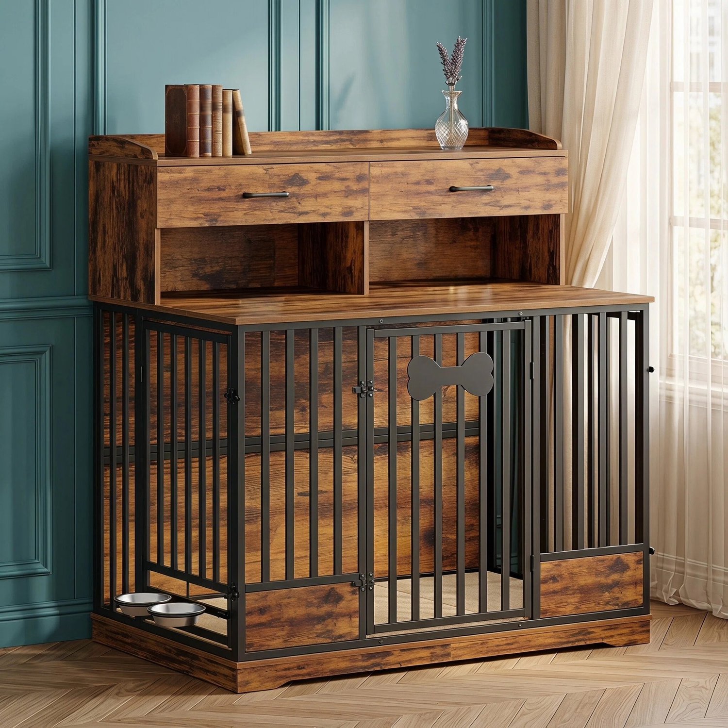 HILINSIE Hondenbench - vintage houten hondenkooi - 119,2 cm - 3 deuren - opbergla - draaibare voerbakken - voor middelgrote en grote honden - binnen - knaagwerend