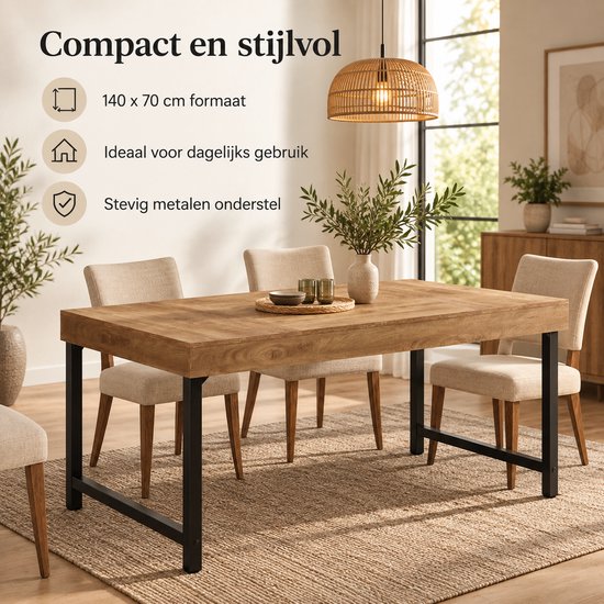 Compacte en stijlvolle eettafel van 140 x 70 cm met houtlook en stevig metalen onderstel.