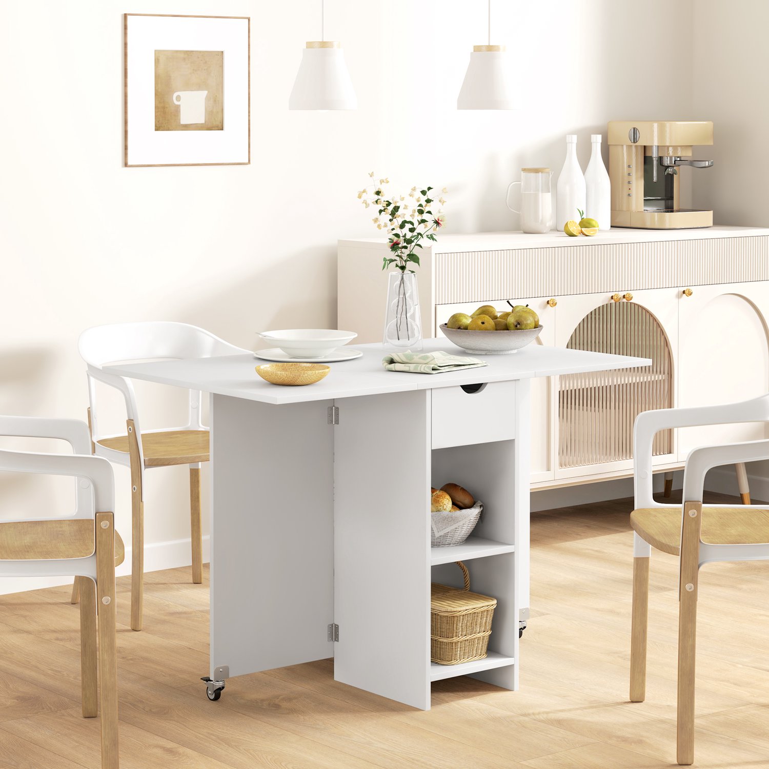 Opklapbare Eettafel - Ruimtebesparend Met Lade En Open Opbergvakken - Voor Keuken En Eetkamer - Spaanplaat - 114,5 X 70 X 75 Cm - Wit