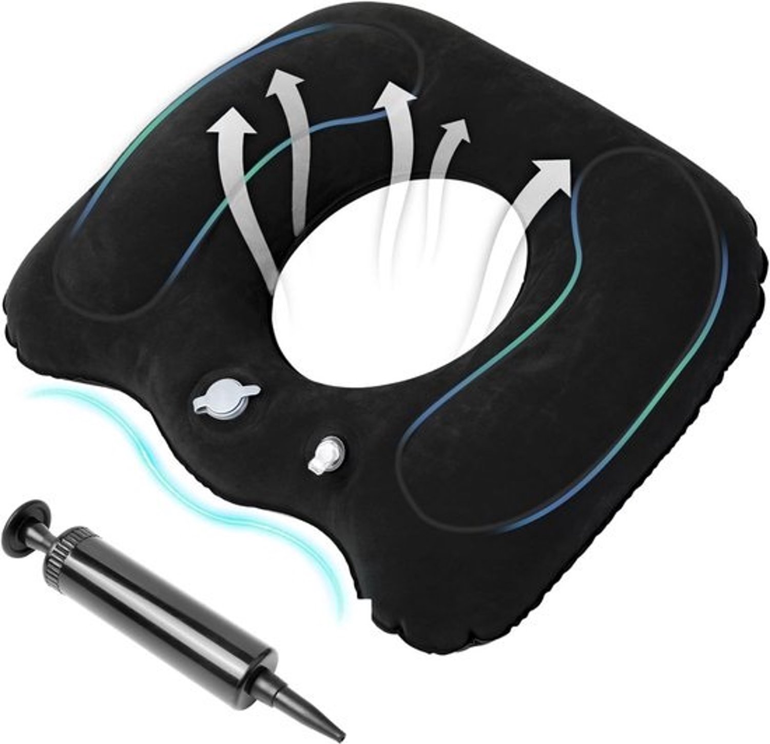 Opblaasbaar zitkussen - Donutkussen - Comfortabel zitten - Ergonomisch donutdesign - 45 x 39 cm - Zwart