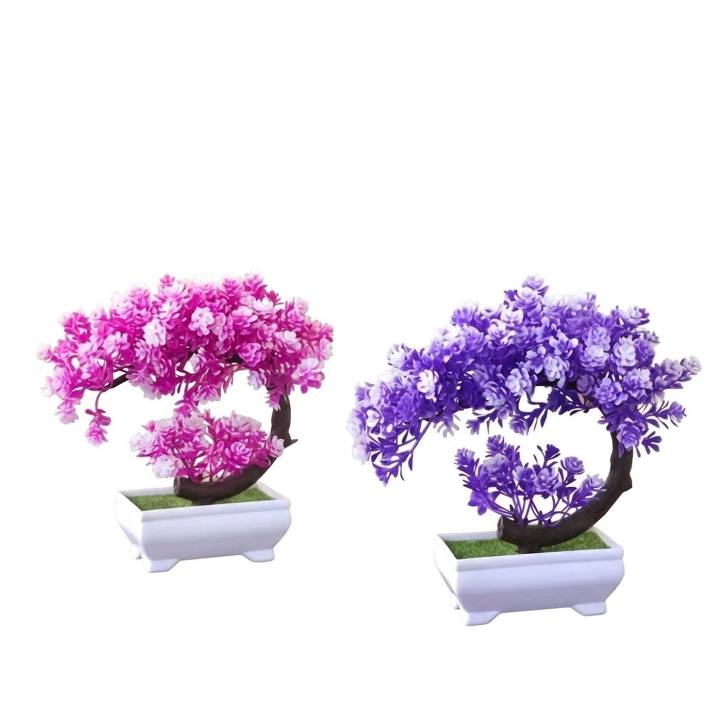 NUVEX Roze paarse kunstplanten bonsai in witte potten 2 stuks – mini kunst bomen met bloemen en donkere stammen – decoratieve nep planten voor woonkamer kantoor bureau tafel kast vensterbank en boekenplank