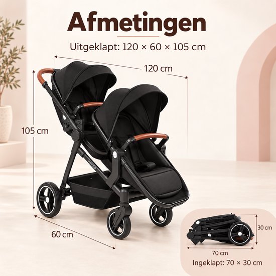 Lunola Noah Duo Kinderwagen - Dubbele Buggy voor Tweeling of Baby en Peuter - Afneembaar Zitje - Compact en Opvouwbaar - Zwart — cadeau in Cadeau-ideeën - foto 6