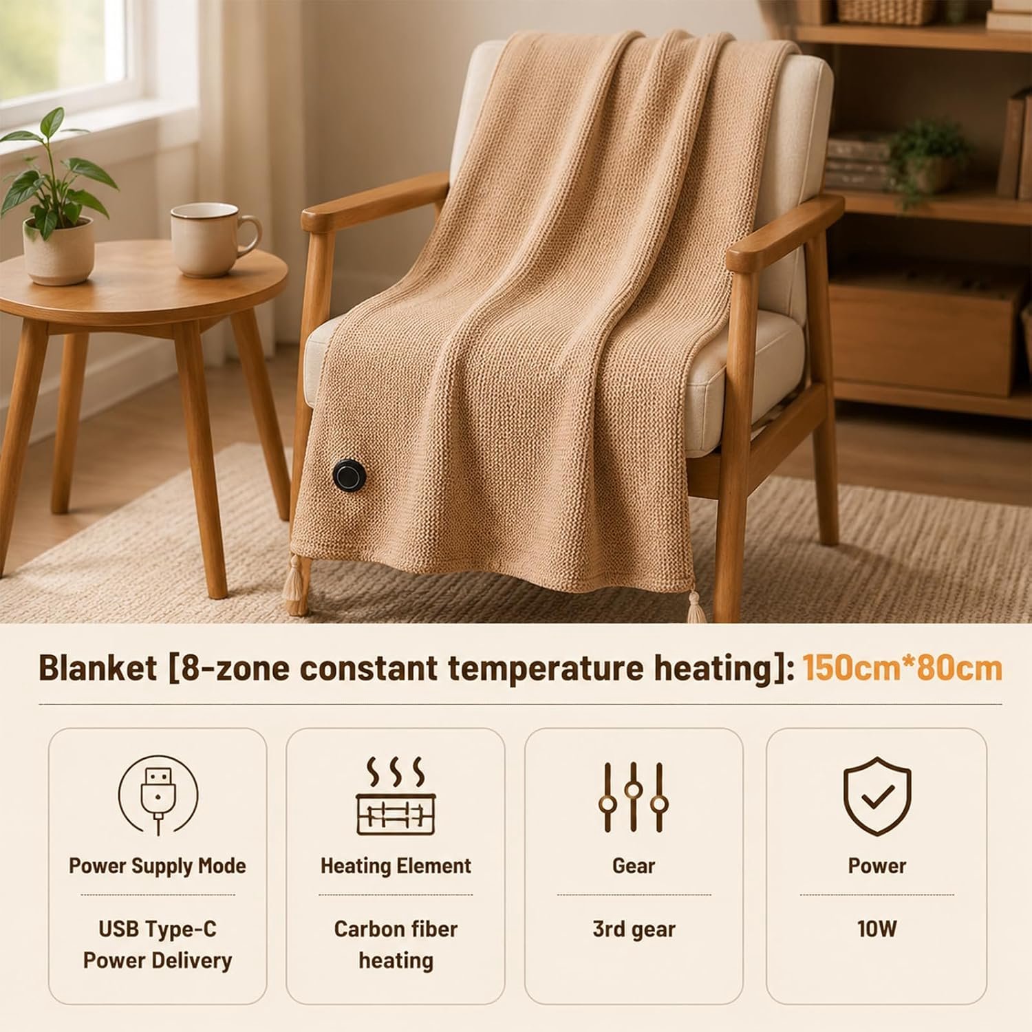 Elektrische Deken - 150× 80CM - Hoodie Deken - Plaids - Verwarmde Plaid - Warmtedeken - Dames Verwarmde Schoudermantel - Verwarmde deken - USB Verwarmd - 3 Standen - Winter Verwarmaccessoire - Voor kantoor, thuis, in de auto en op reis - Beige – foto 3