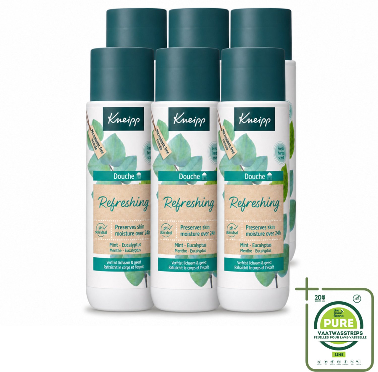 6 x Kneipp - Douchegel - Refreshing - Mint Eucalyptus - 200 ml - Grootverpakking - Vaatwasstrips - Douchegel - Frisheid - Eucalyptus - Mint - Natuurlijke Oliën