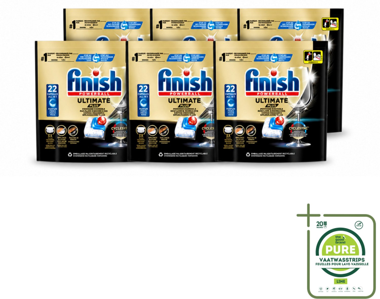 6 x Finish - Vaatwasmiddel - Ultimate Plus Vaatwastabletten Regular - Krachtige Alles-in-1 Reiniging - 22 capsules - Grootverpakking - Vaatwasstrips - Vaatwastabletten - Vaatwasmachine - Reinigingsmiddel - Glans - Vaat Reinigen