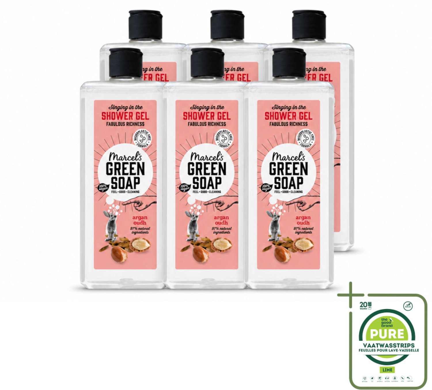 6 x Marcel's Green Soap - Douchegel - Argan & Oudh - Verzorgend & zacht - 300 ml - Grootverpakking - Vaatwasstrips - Douchegel - Argan - Oudh - Natuurlijke Douchegel - Vegan Douchegel