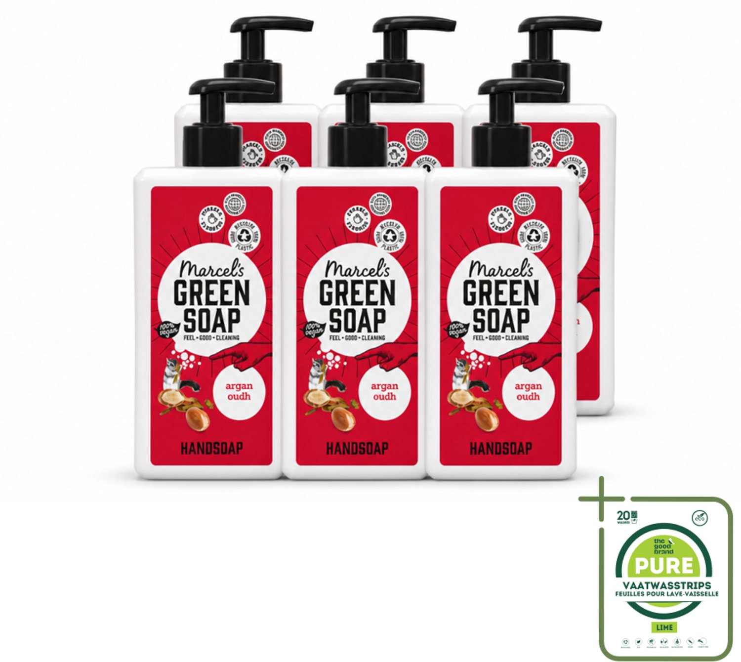 6 x Marcel's Green Soap - Handzeep Argan & Oudh - Plantaardig & duurzaam - 500 ml - Grootverpakking - Vaatwasstrips - Handzeep - Natuurlijke Handzeep - Arganolie - Oudh - Plantaardige Handzeep