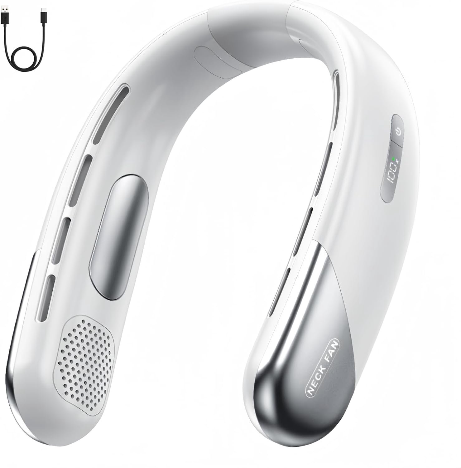 USB-halsventilator, oplaadbaar, draagbaar, stil, om op te hangen, met koeling, verstelbaar, krachtig, nekventilator, kleine tafel, wind, 360 graden, wit