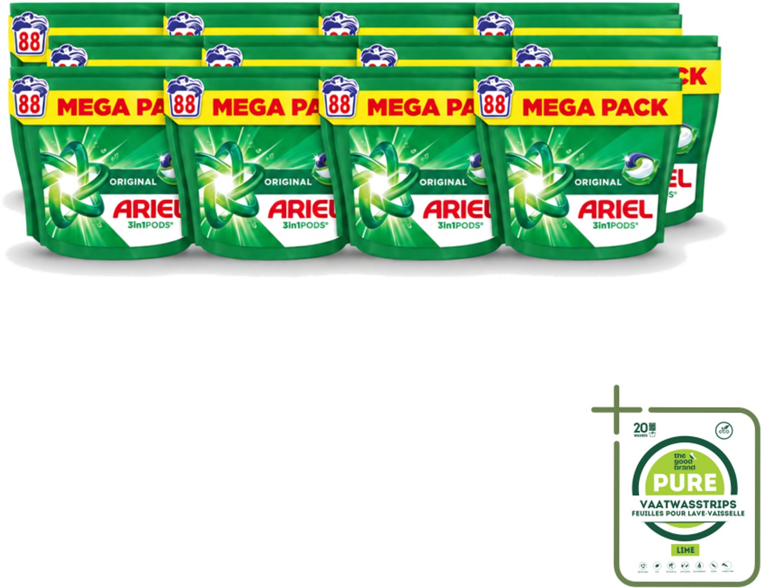 12 x Ariel - 3in1 Wasmiddel Pods - Original - 88 Pods - Grootverpakking - Vaatwasstrips - Wasmiddel Pod - 3 In 1 Wasmiddel - Koud Water Wasmiddel - Vlekverwijdering - Frisse Geur