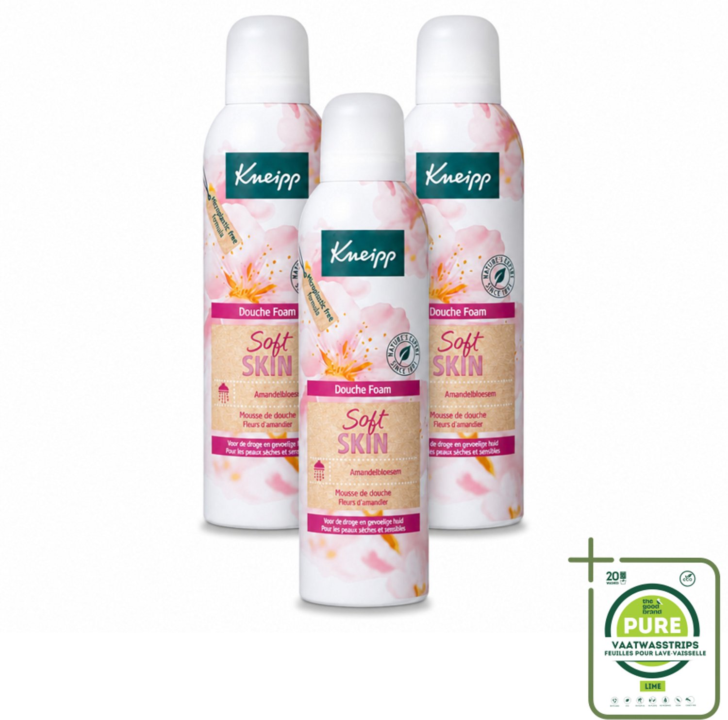 3 x Kneipp - Douche foam - Soft Skin - Voor droge en gevoelige huid - 200 ml - Grootverpakking - Vaatwasstrips - Douche Foam - Huidverzorging - Amandelbloesem - Droge Huid - Gevoelige Huid