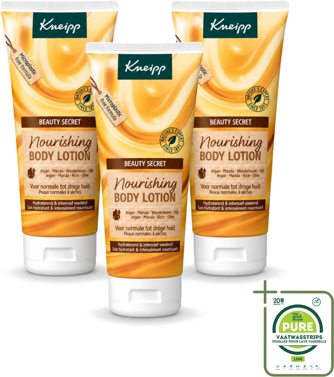 3 x Kneipp - Body lotion - Beauty Secret - Voor normale tot droge huid - 200 ml - Grootverpakking - Vaatwasstrips - Beauty Secret - Huidverzorging - Voedende Bodylotion - Natuurlijke Oliën - Arganolie