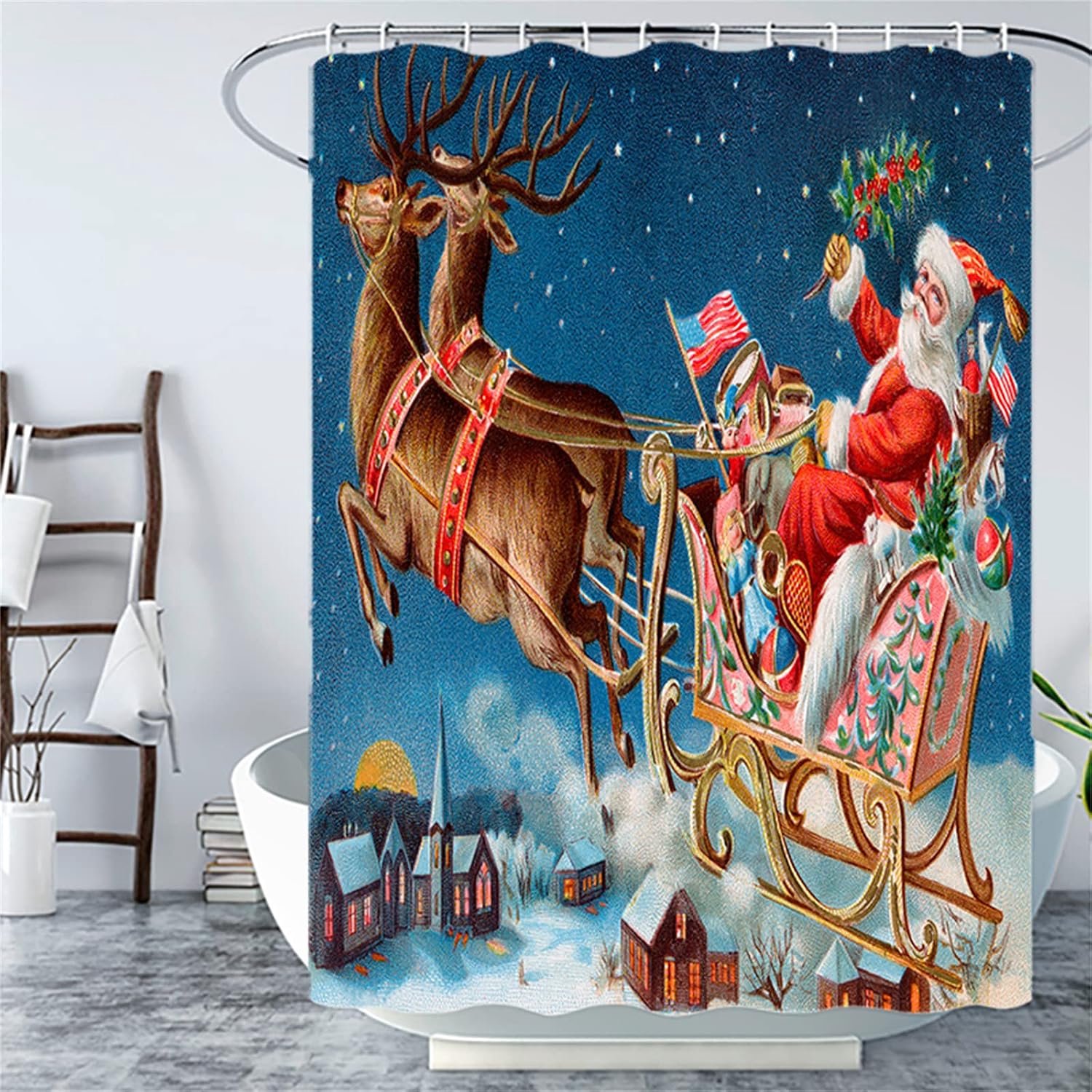 Kerstselch douchegordijn, anti-schimmel, W200 x L200 cm, verzwaarde zoom, wasbaar, sneldrogend, polyesterweefsel, badkameraccessoires, 12 hoogwaardige douchegordijnringen voor badkuip, badkamer-487