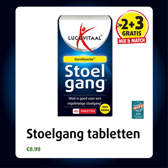 Verpakking van "Stoelgang" tabletten van Lucovitaal met "2+3 GRATIS" promotie en een "Gekozen Merk" sticker.