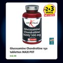 Rode pot met 'Glucosamine Chondroïtine 1500/500 mg, 1 dagdosering, 120 +30 FREE!' en '2+3 GRATIS MIX & MATCH'.