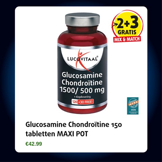 Rode pot met 'Glucosamine Chondroïtine 1500/500 mg, 1 dagdosering, 120 +30 FREE!' en '2+3 GRATIS MIX & MATCH'.