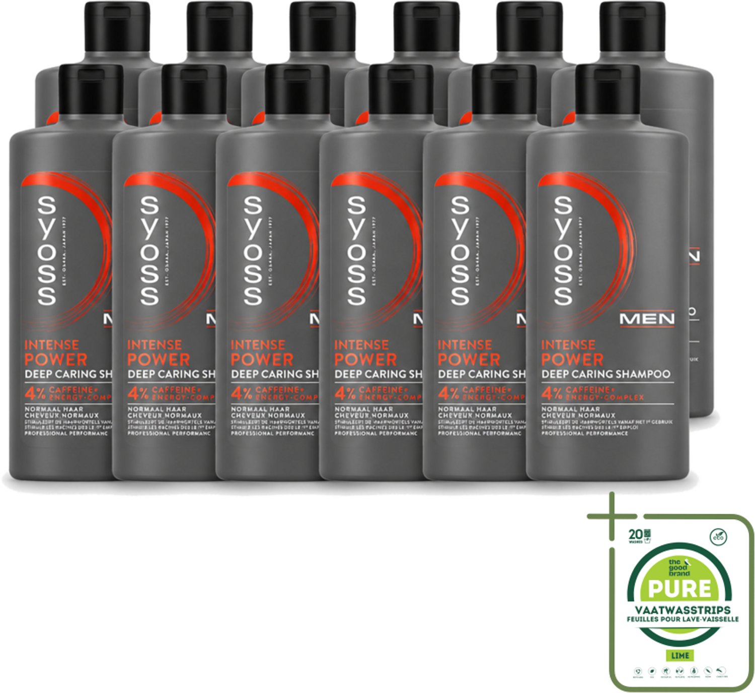 12 x SYOSS - Men Power - Shampoo - Langdurige Styling - 440ml - Grootverpakking - Vaatwasstrips - Mannelijk Haarverzorging - Krachtig Haar - Haar Stimulatie - Cafeïne Shampoo - Gezonde Haargroei